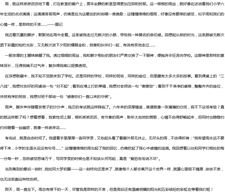 2020年中考滿分作文參考范文：那天，雨一直下